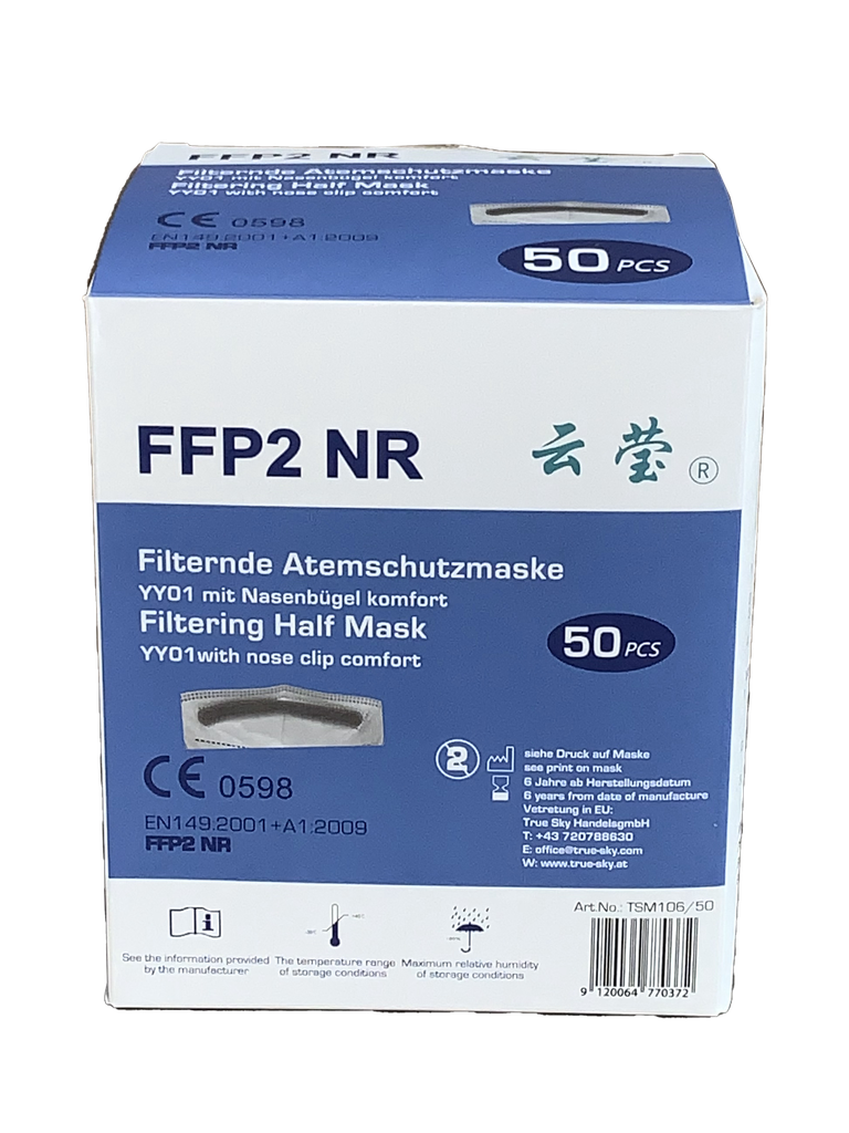 TSM106/50 Atemschutzmaske FFP2 (NR) CE Zertifikat, ohne Ventil, ear loops , mit Nasenschoner 50erPack